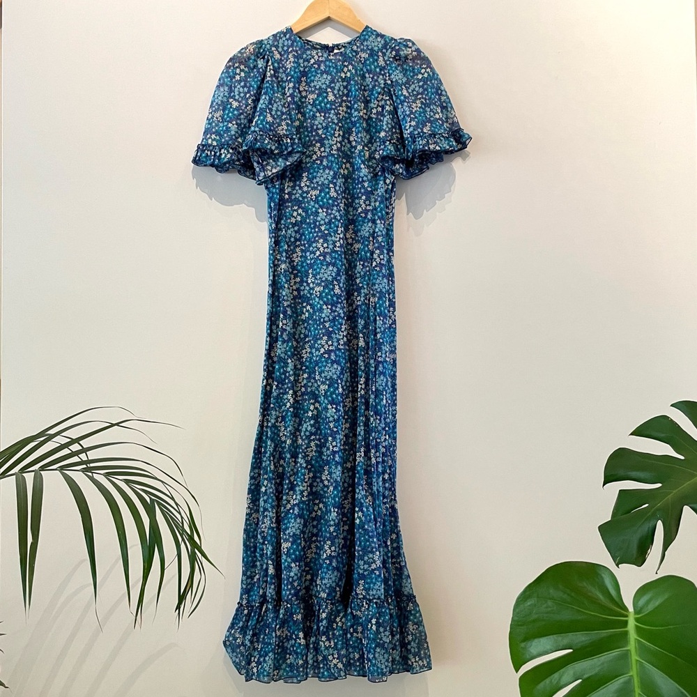 The Vampire’s Wife Midnight Tremors Ruffled Blue Floral Maxi Dress NWOT